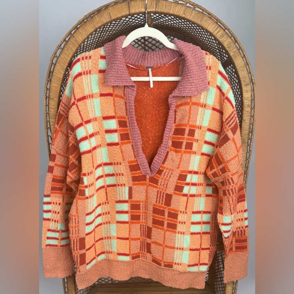 Free People Ruben Pullover Sweater Orange Plaid Oversized Boho Size M - Picture 7 of 10